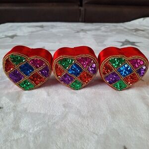 Vintage Set of 3 Small Sequined Satin Multicolor Heart Box Jewelry Trinket